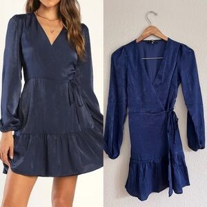 NWOT Navy Blue Satin Long Sleeve Wrap Dress
